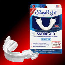 SleepRight Snore Aid anti snoring mouthpiece in its retail packaging with the custom fit storage case.