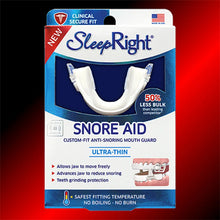 The retail box of the SleepRight Snore Aid, an adjustable mandibular advancement device for snoring relief.