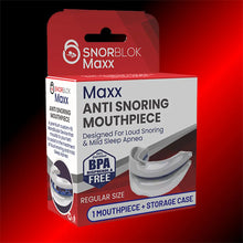 The retail product box for the Snorblok Maxx premium anti snoring mouth guard
