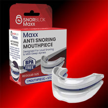 Snorblok Maxx adjustable anti snoring mandibular advancement device next to its retail packaging box.