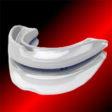 Close-up view of the Snorblok Maxx mouthpiece showing the wide V-Flow airflow design vents for easy breathing.