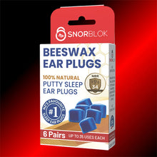 Front view of Snorblok beeswax earplugs 6 pairs retail box packaging
