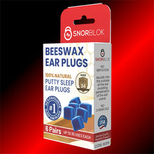 Angled front view of Snorblok 6 pair pack od beeswax premium sleep earplugs box packaging
